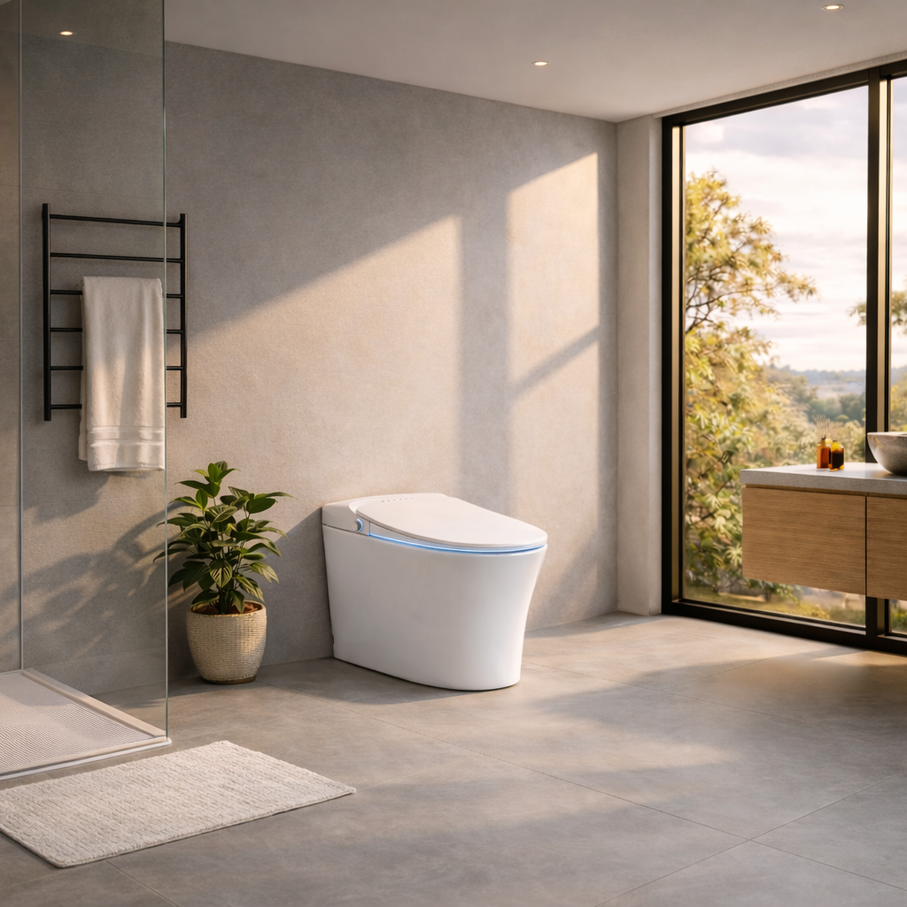 Modern bathroom with a toilet, shower, and large windows overlooking trees