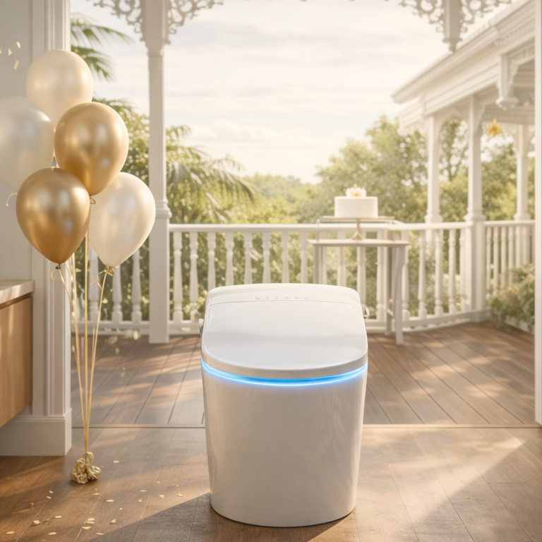 Bathroom with a toilet and balloons near a window with a view of a porch..