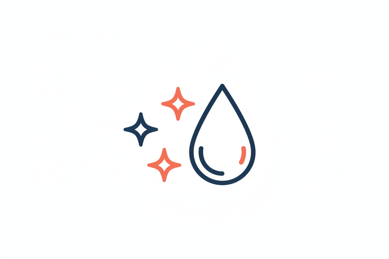 Create a simple icon showing sparkles with a water droplet. Use medium weight lines with navy blue #0e1b4d and coral #ff6f61. Clean minimalist style with balanced line weight. White background.